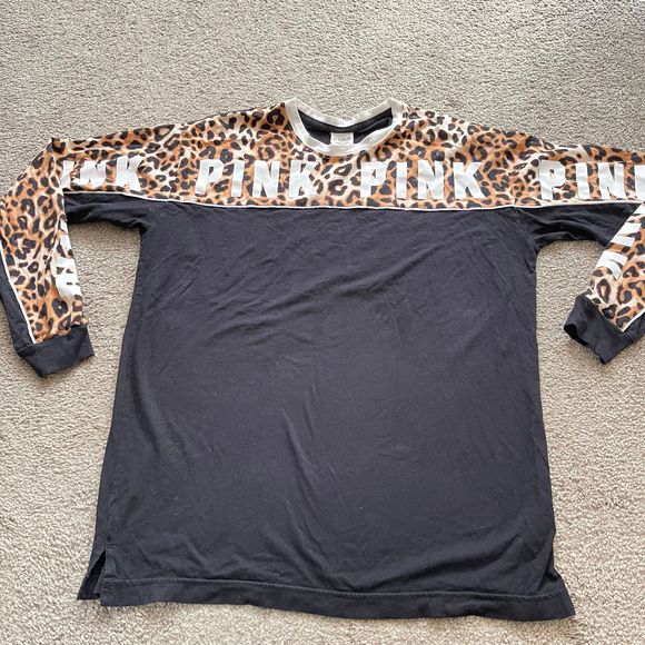 PINK Victoria’s Secret Color Block Long Sleeve Cheetah Campus Tee SZ Small - Picture 4 of 8
